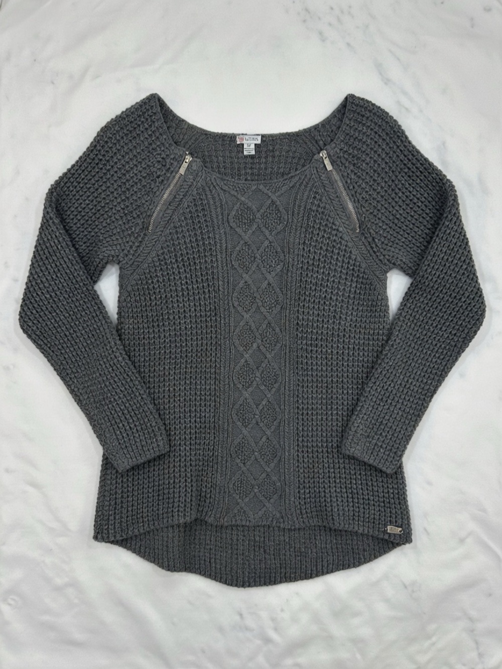 GUESS Gray Waffle Knit Sweater with Shoulder Zippers & Cable Front Detail